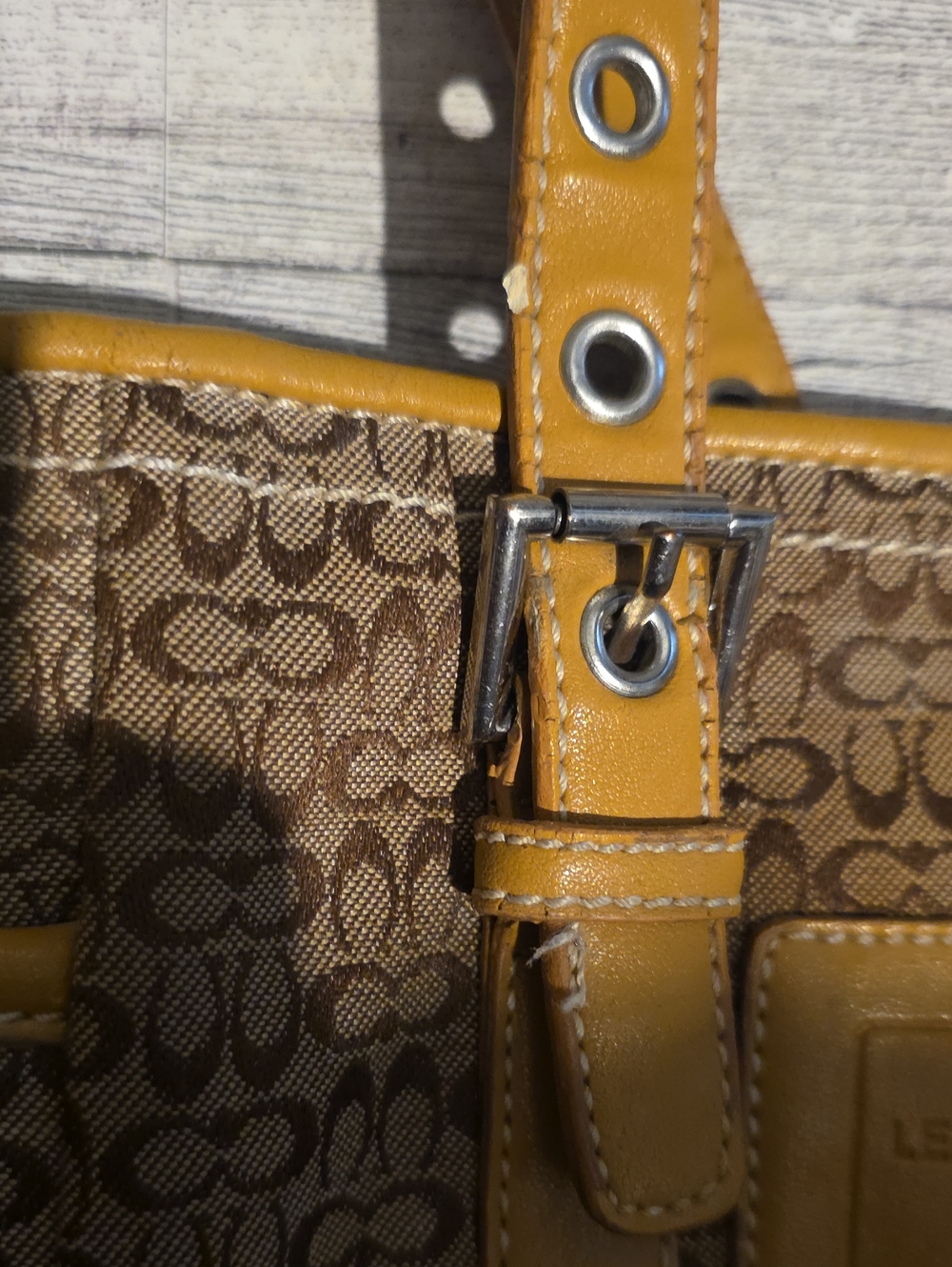Coach Brown Signature Tote with Mustard Trim - Picture 6 of 8